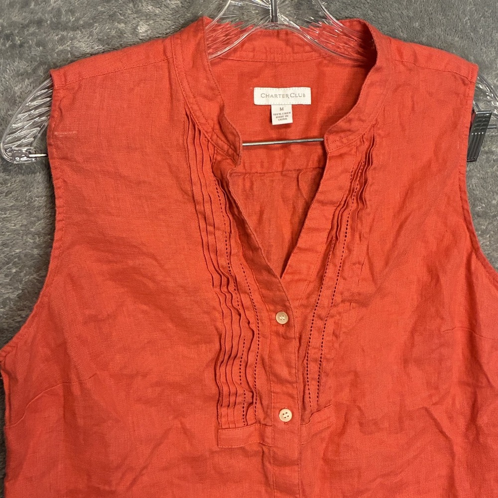 Charter Club Womens 100% Linen Sleeveless Button Shirt M Orange Breezy Coastal